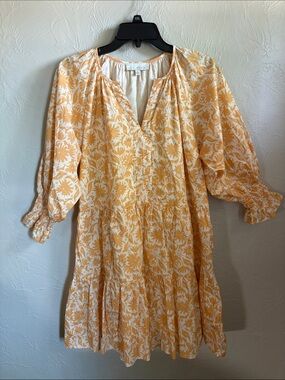 Pinch white  and Yellow Floral Tiered Midi Dress with Smocked Sleeves